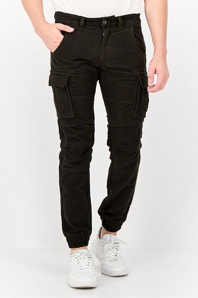 GAS Men Regular Fit Solid Cargo Pants, Dark Olive