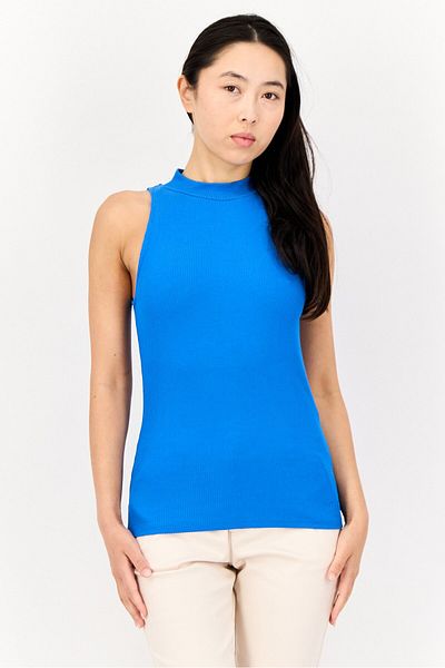 Salsa Women Mock Neck Sleeveless Textured Print Top, Blue