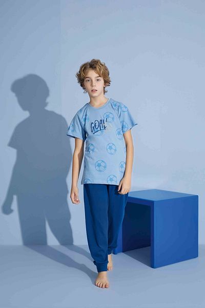 Tarık Boy's Goal T-Shirt Long Bottom Combed Single Jersey Crew Neck Medium Thick Pajama Set-3936