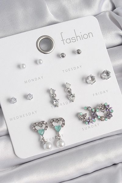 Clariss Brass Silver Color Zircon Stone Dangle Heart Model Flower Detail 7 Pairs Women's Earring Set