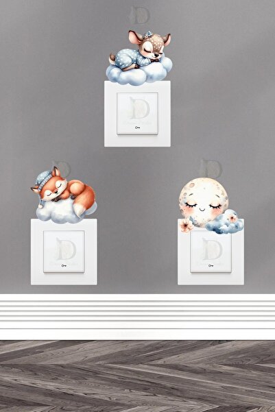 KT Decor Cute Animals Sleeping in the Cloud Children's Room 3-Piece Socket Sticker Set