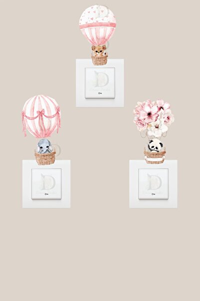 KT Decor Cute Animals with Pink Balloons 3-Piece Socket Sticker Set