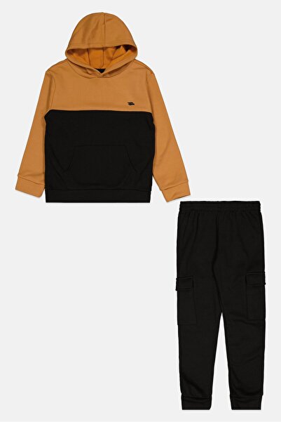 HAWK Kids Boy 2 Pieces Brand Logo Hoodie And Pants Set, Black/Tan