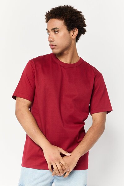 CELIO Men Crew Neck Short Sleeve Solid T Shirt, Maroon