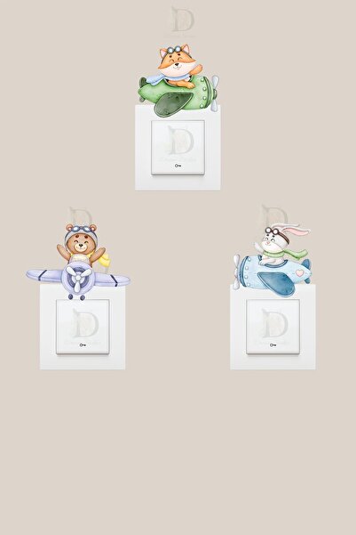 KT Decor Cute Pilot Animals Kids Room 3-Piece Socket Sticker Set