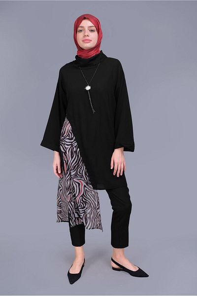 Alvina Patterned Towel Detailed Round Neck Tunic 40846