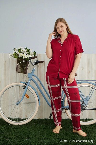 Pijamoni Large Size Milan Fabric Front Buttoned Red Women's Pajama Set-7560