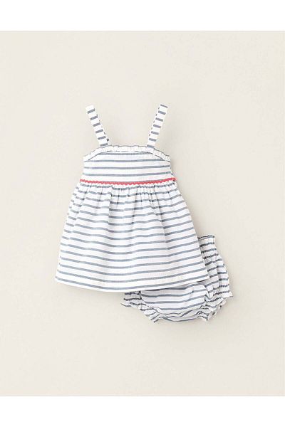 Ziddy Striped Top + Bloomers for Newborn Girls, White/Blue