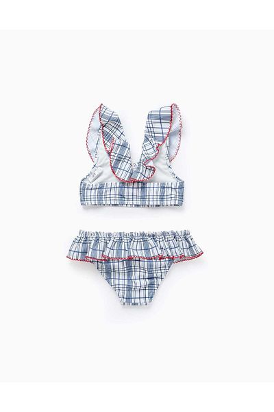 Ziddy Bikini with Check and Ruffles for Girls 'You&Me', White/Blue/Red