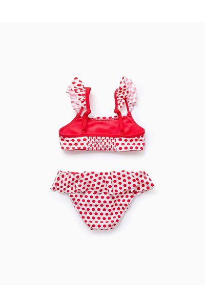 Ziddy Polka Dot Bikini with Ruffles for Girls, White/Red