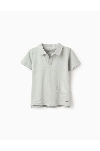 Ziddy Striped T-shirt with V-neck for Boys, Green/White