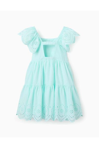 Ziddy Cotton Dress with Broderie Anglaise for Girls, Light Blue