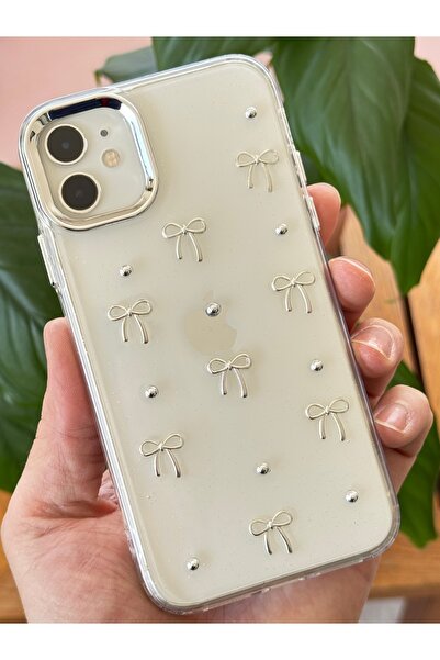 Fibaks Case for Apple iPhone 12/12 Pro Case Bow Pattern Transparent Glitter Silver Camera Protruding Glossy Cover