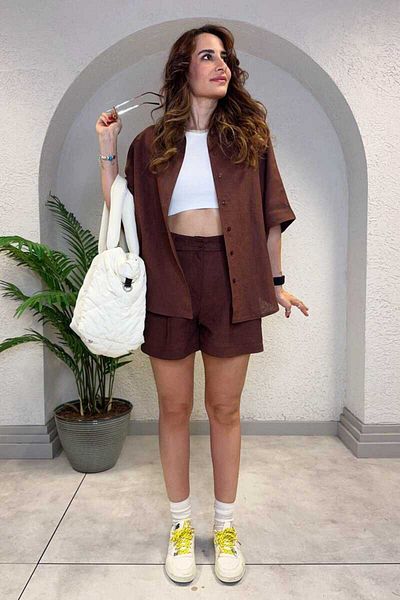 Clothing palette طقم قميص وشورت من الكتان الخام