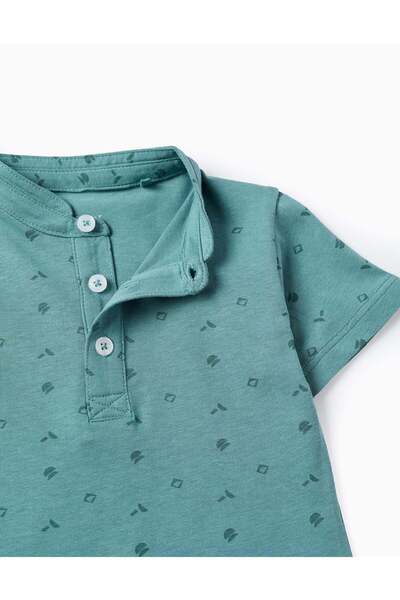Ziddy Cotton T-shirt with Mao Collar and Motif for Baby Boys, Green