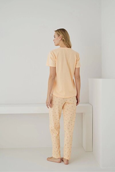 Pijamoni Single Jersey Fabric Buttoned Collar Short Sleeve Orange Pajama Set - 2552