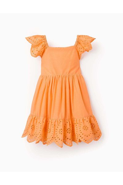 Ziddy Cotton Dress with Broderie Anglaise for Baby Girls, Orange
