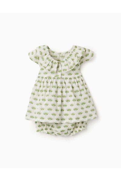 Ziddy Top + Bloomers with Floral Motif for Baby Girls, Beige/Green