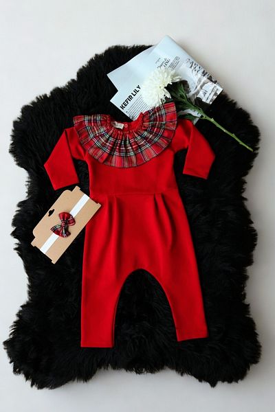 Parla Kids Girl's Red Plaid Collared New Year's Jumpsuit Salopet