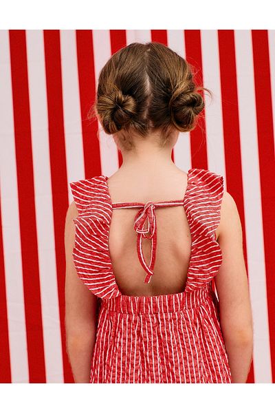 Ziddy Striped Textured Dress with Ruffles for Girls, Red/White