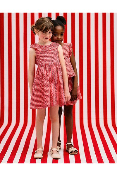Ziddy Striped Textured Dress with Ruffles for Girls, Red/White