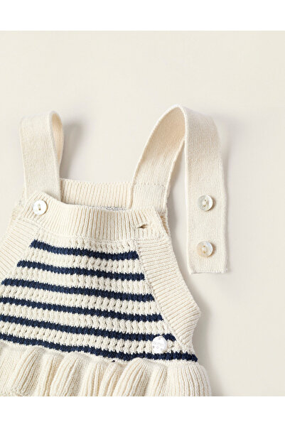 Ziddy Knitted Jumpsuit with Ruffles for Newborn Girls, Beige/Dark Blue