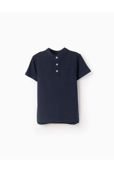 Ziddy Cotton Polo Shirt with Mao Collar for Boys, Dark Blue