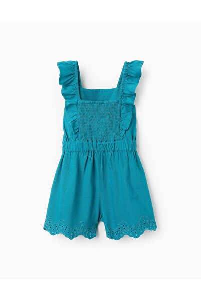 Ziddy Cotton and Linen Jumpsuit with Broderie Anglaise for Girls 'B&S', Turquoise