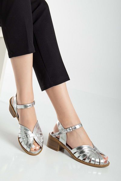 ANALİN SHOES Women's Genuine Leather Ankle Sandals - Silver