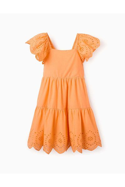 Ziddy Cotton Dress with Frills and Broderie Anglaise for Girls, Orange