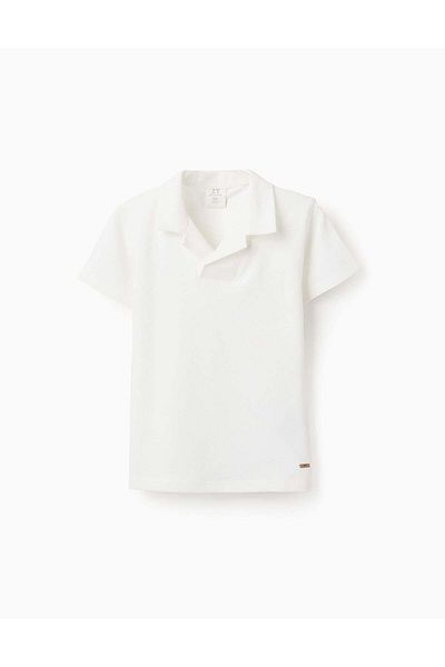 Ziddy Cotton Piqué T-shirt with V Neck for Boys, White