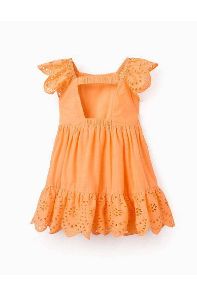 Ziddy Cotton Dress with Broderie Anglaise for Baby Girls, Orange