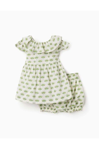 Ziddy Top + Bloomers with Floral Motif for Baby Girls, Beige/Green
