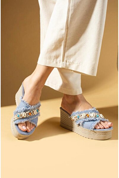 lady luvy by berkbay Kadın Keten Kalın Dolgu Topuk Poli Rahat Taban Casual Terlik