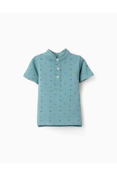 Ziddy Cotton T-shirt with Mao Collar and Motif for Baby Boys, Green
