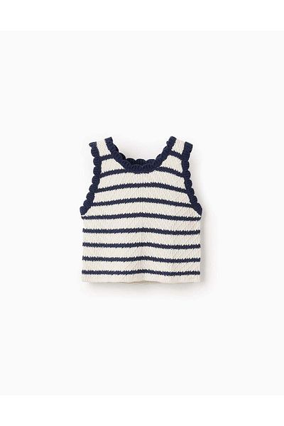 Ziddy Striped Top for Girls, White/Navy Blue