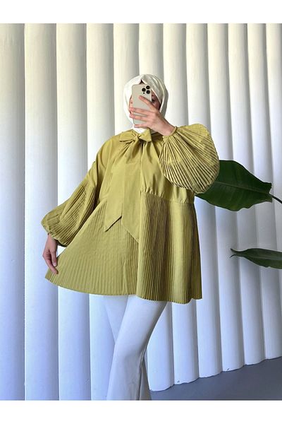 Modamorfo Lace-Up Collar, Sleeves and Pleated Skirt Tunic - Oil Green