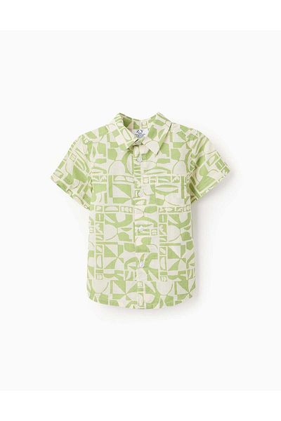 Ziddy Short Sleeve Shirt with Pattern for Baby Boys, Green/White