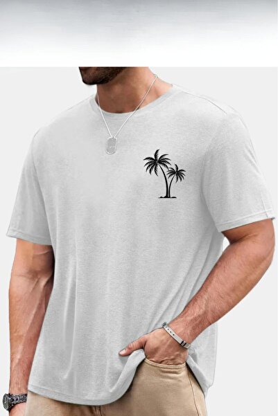 NO 601 Tricou oversize pentru bărbați, gri piatră, cu imprimeu palmier