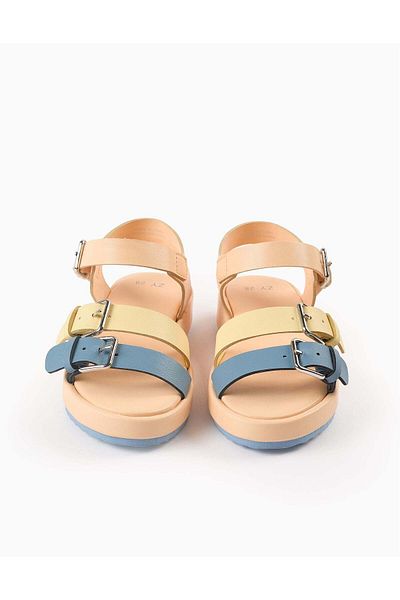 Ziddy Buckle Sandals for Girls, Coral/Yellow/Blue