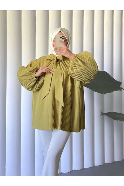 Modamorfo Lace-Up Collar, Sleeves and Pleated Skirt Tunic - Oil Green