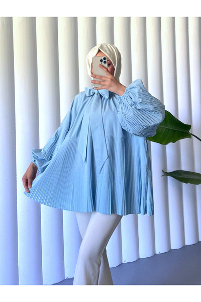 Modamorfo Blue Baby Tunic - Lace-Up Collar Sleeves and Pleated Skirt