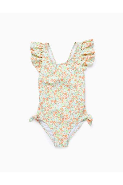 Ziddy Floral Swimsuit with Frills and Bows for Girls, Multicolour