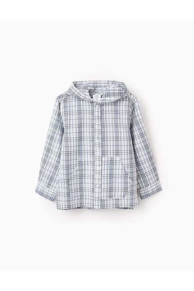 Ziddy Checkered Hooded Shirt for Boys 'You & Me', White/Blue
