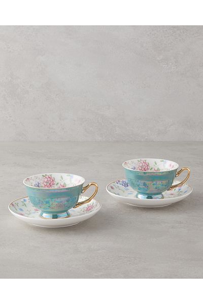 English Home Velvetine Porcelain Σετ 4 Φλυτζάνια Τσαγιού για 2 Άτομα 220 ml Μπλε