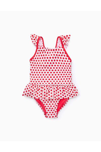 Ziddy Swimsuit with Polka Dots and Ruffles for Girls, White/Red