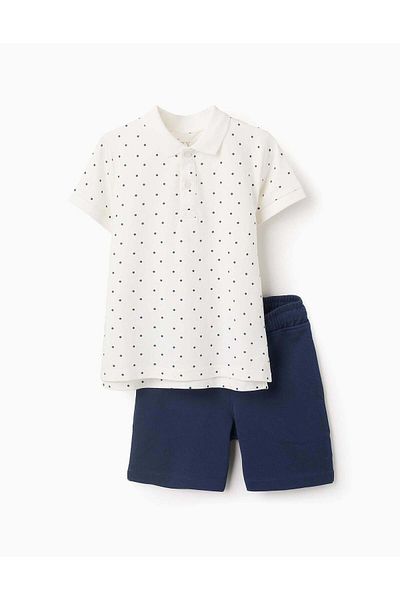 Ziddy Polka Dot Polo Shirt + Shorts for Boys, White/Navy Blue
