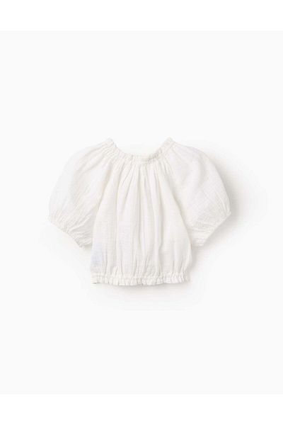Ziddy Blouse in Gauze with Cross-Stitch for Girls, White