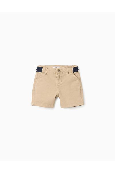 Ziddy Twill Shorts with Contrast Waist for Baby Boys, Beige