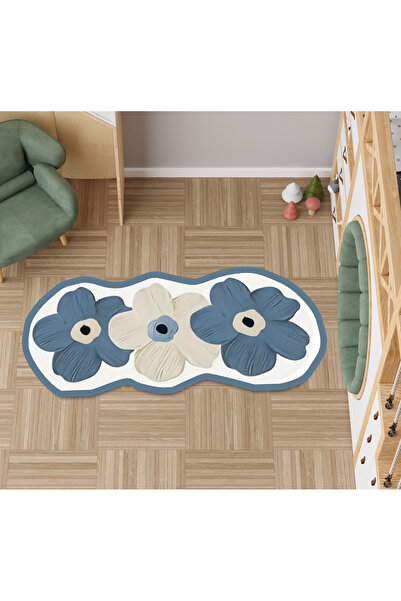 Rugs Modern Halı Lina Koleksiyonu Mavi Papatyalar Desenli Dokuma Taban Asimet...